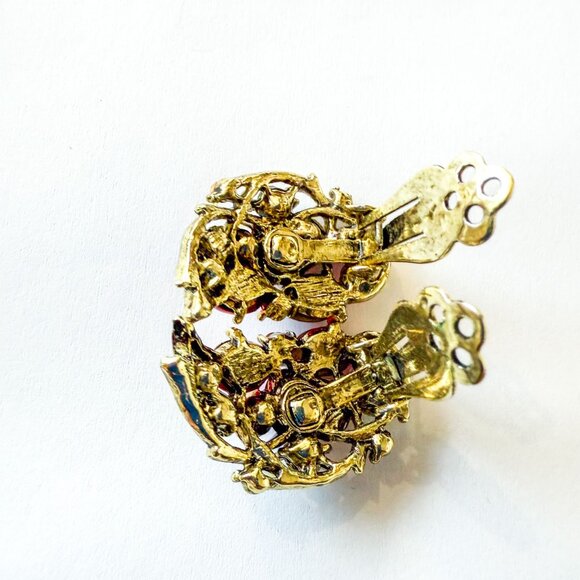 Weiss Butterfly Gold Tone Pink Rhinestones Red Cabochon Brooch & Clip-On Earring - Picture 6 of 8